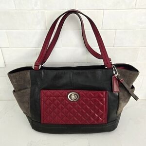 Coach Black Tote with Burgundy Quilted Front and Taupe Sides